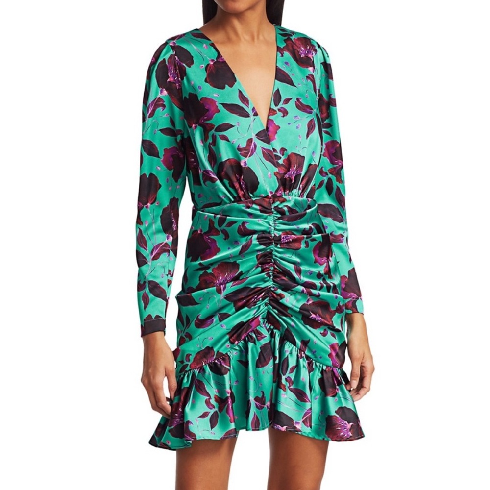 Delfi Collective Isla Floral Ruched Mini Dress XS Green Teal Plum Long Sleeve
